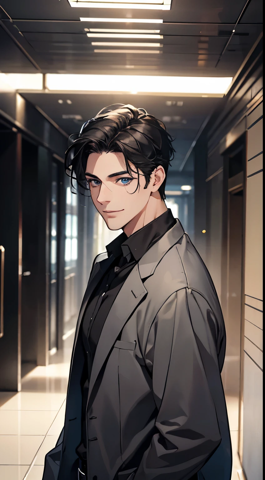 a mature man with short grey Black hair, blue eyes, 31 years, and a perfect face, smiling in love, CEO, cinematic lighting, 1:4 HDR image, top view, ultra detailed, best quality, masterpiece, 8K, photorealistic, beautiful image