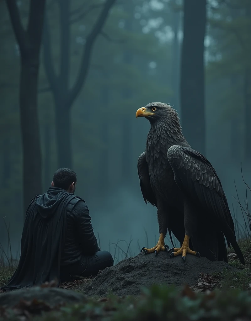 an image of an eagle sitting on the ground next to a man in a dark, by Kerembeyit, fantasy art, still from a fantasy movie, epic fantasy digital art style, epic fantasy artwork, epic fantasy digital art, dark souls art, fantasy movie still