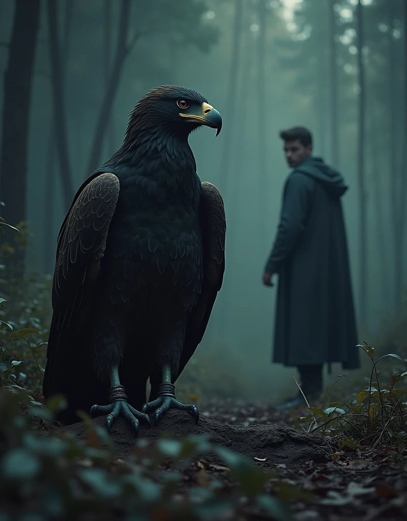 an image of an eagle sitting on the ground next to a man in a dark, by Kerembeyit, fantasy art, still from a fantasy movie, epic fantasy digital art style, epic fantasy artwork, epic fantasy digital art, dark souls art, fantasy movie still