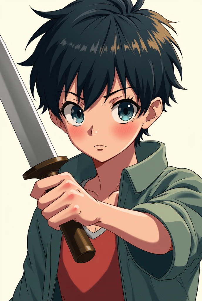 The boy is now holding a knife in his hand in anime style