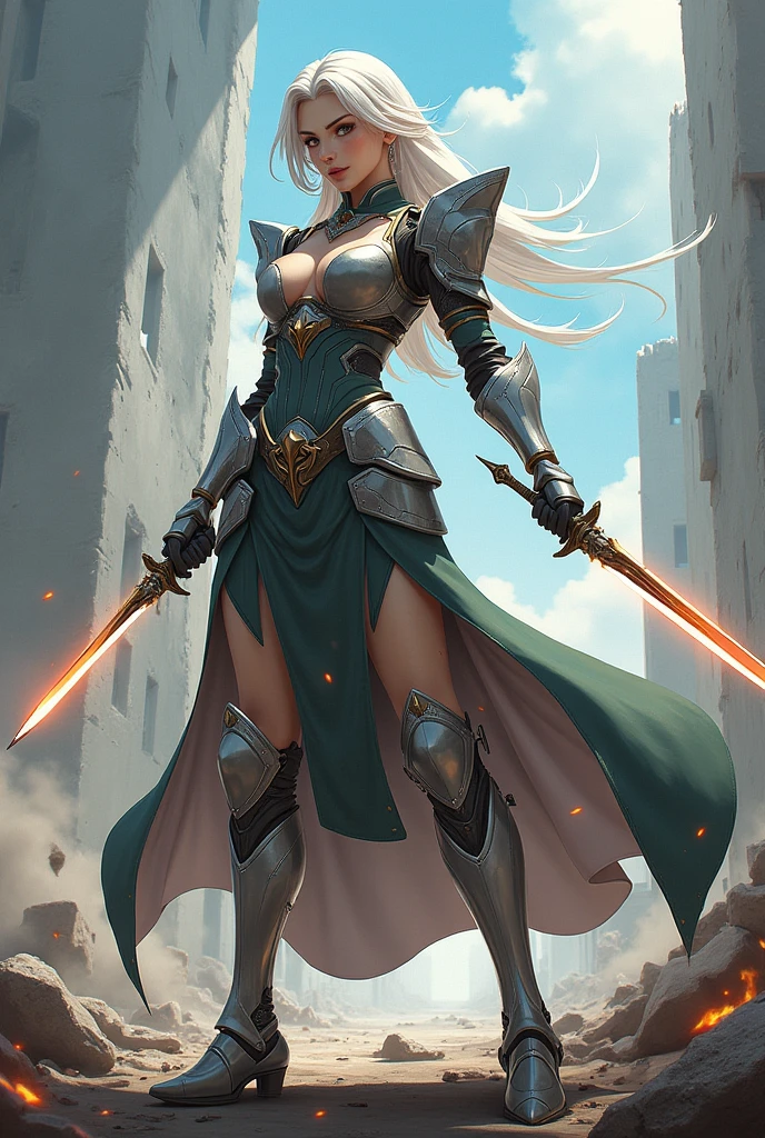 woman strong, medieval cybernetic armor, long skirt and silver shoes. Daggers with intense shine. Anime
Destruction Scenario