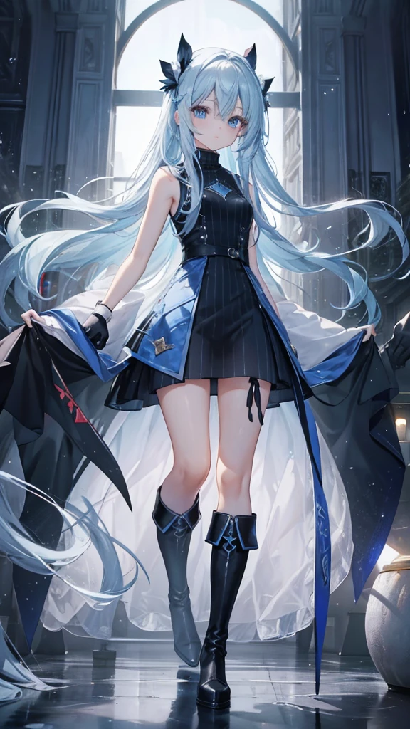 long hair,thin,,Clarity,high-definition,big eyes,Blue Eyes,Facing the audience,beauty,Extremely high image quality,超Clarity的画面,modern style,Over-the-knee boots,Sleeveless sweater,Long glove