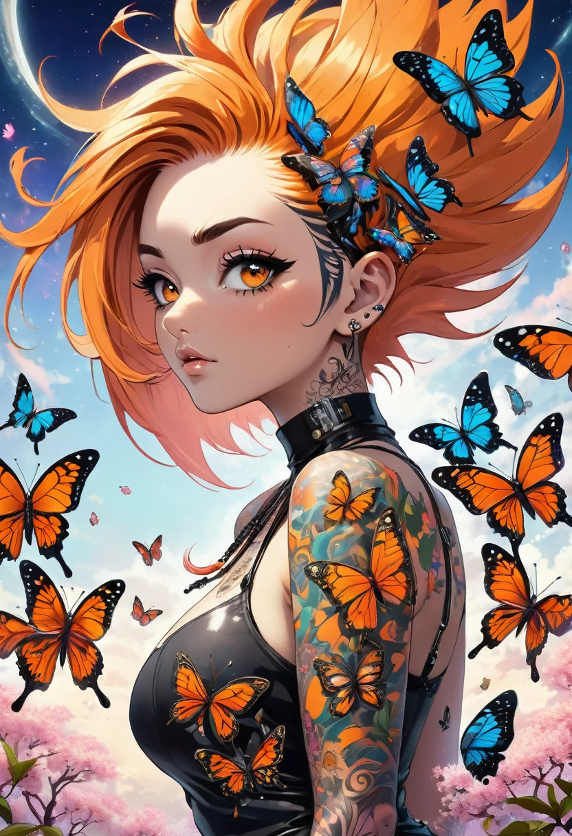 (masterpiece, top quality, best quality, official art, beautiful, cosmic, atmospheric, psychedelic, dreamlike and aesthetic:1.2), (1girl, orange punk rock mohawk hair, tons of tattoos and piercings, accentuated super huge enormously gigantic tits, cleavage showing, full body portrait), extreme detailed,(fractal art, camera view from behind:1.3),colorful,highest detailed, cherry blossoms and butterflies blowing in the wind
