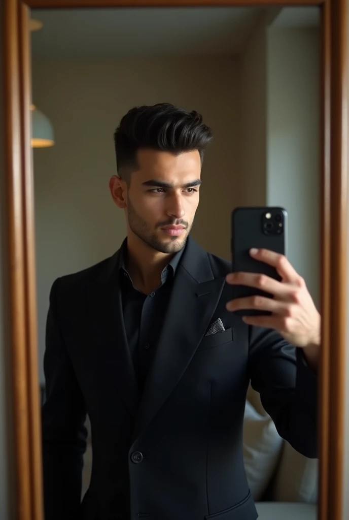handsome indian college guy in all black suit, black semi pompadour hairstyle, full shaved, mirror selfie, iphone 15, indoors, cute, long chin, fair white complexion