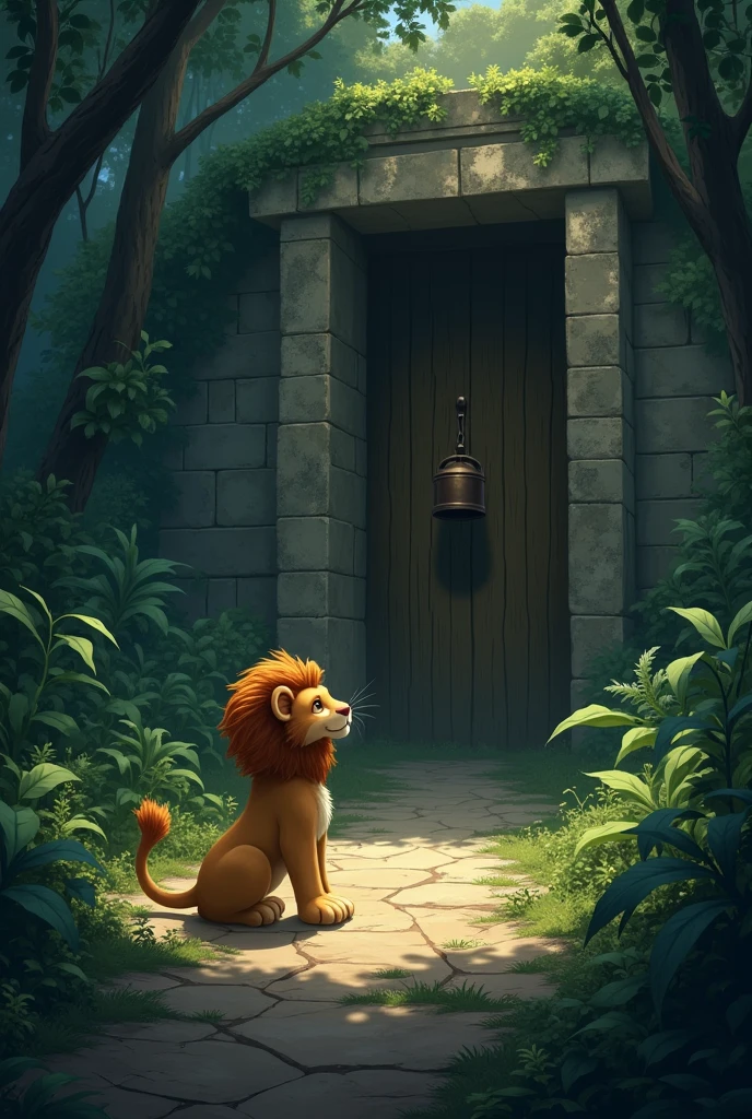 The cute lion decided to leave the jungle, but as he approached the temple's door, a terrifying voice echoed, "Those who enter here can never leave." The cute lion's heart pounded. He rang the bell one last time, and the entire jungle plunged into darkness.