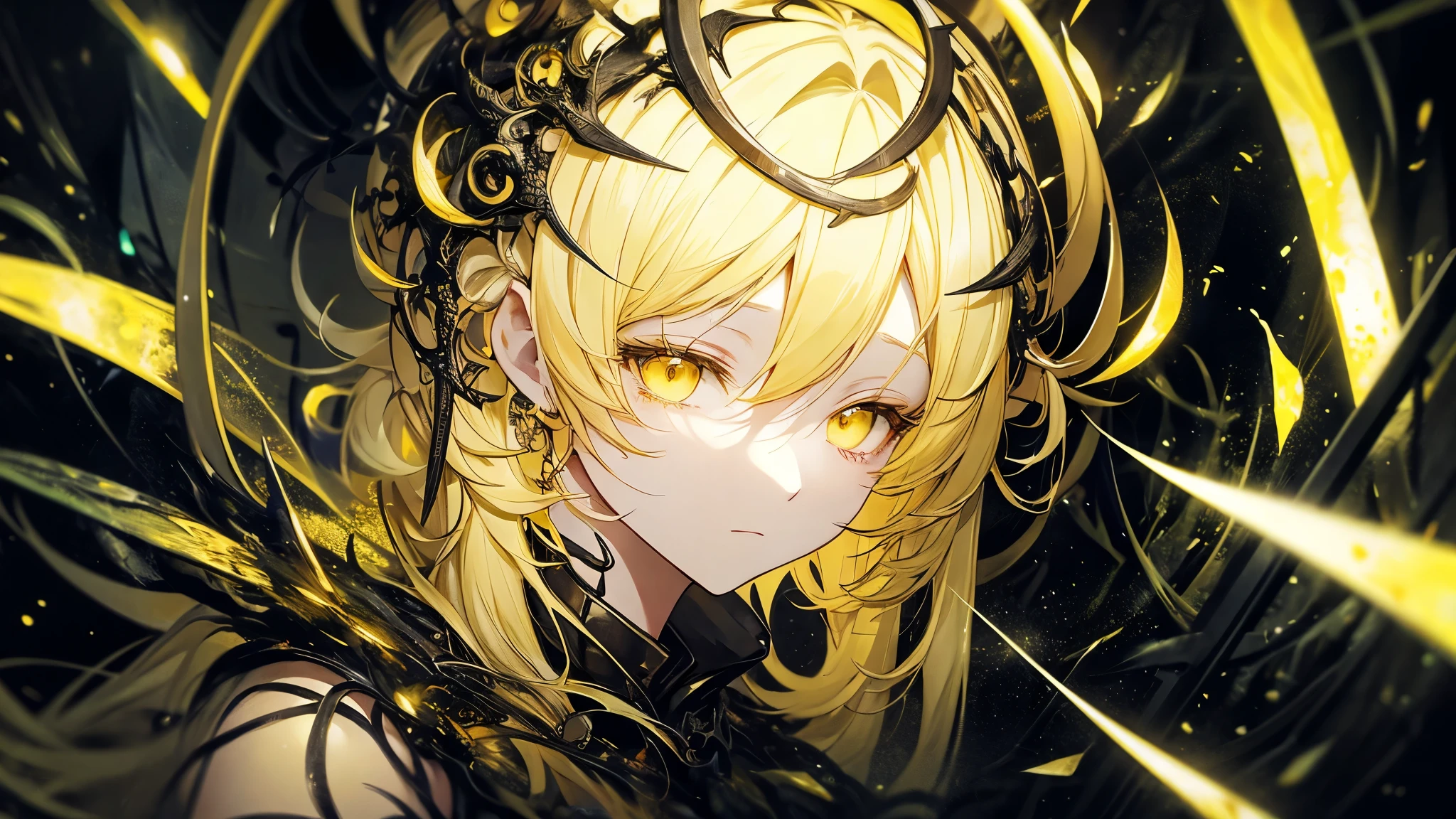 Dystopian anime-style beauty in light yellow (luminous dress) Underworld, Face down, Extreme Close-up, From the side, . dark, Post-apocalyptic, dark, dramatic, Very detailed