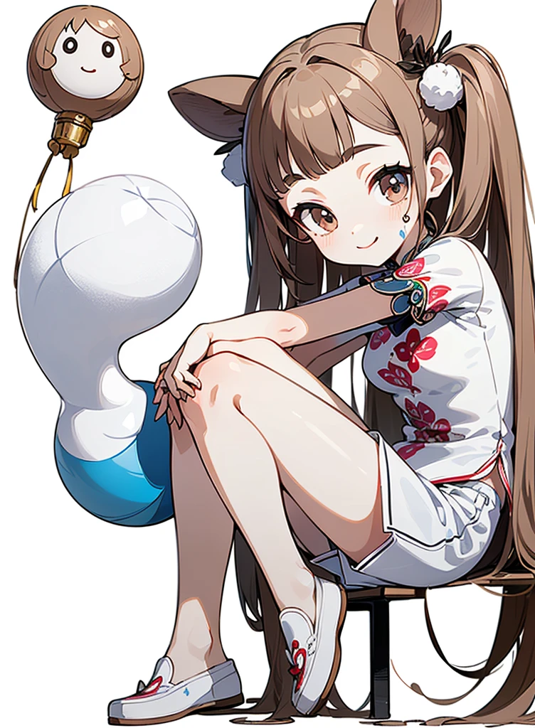 Reference table, Chinese skinny cheongsam,White cheongsam,((White shorts)),(Show your arms) ,(Show your legs)(((Show your feet))0 Matching Clothing, ((best quality)), ((masterpiece)), (Full body),(A woman),Long hair,Ball head,Lots of hair,(((Full front))),((Sitting on the ground with full body))White embroidered shoes,(Hands on both sides of the body), Clear facial features,Smile,Clean lines design,Transparent Background, Clear facial features,beautiful眼睛,beautiful脸庞, beautiful, (((White background))) , ((No light))), Random Hairstyle, Brown hair, random eyes color