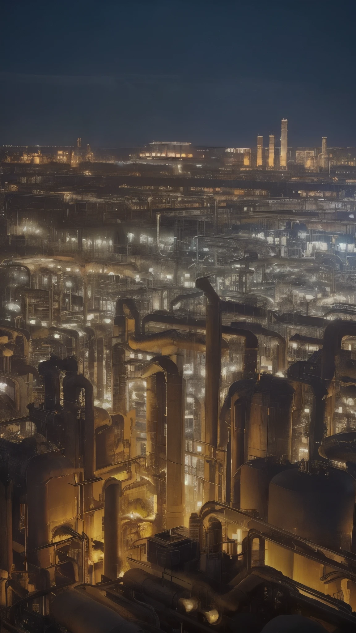 Background only、Factory night view from above、Shining、Petrochemical complex night view、Pipes cross、Pale white light、Looks like a photo、future的な工場、cyber punk、See the full picture、future、Beautiful lighting、steampunk