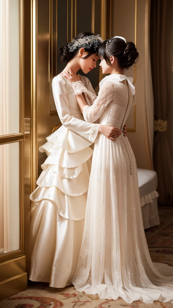 highest quality, masterpiece, highest resolution, artwork, super get used to it, many become familiar with, become familiar with, get used to it, woman, 10 years old,the two girls are brides, wedding dress,long sleeve,long dress,A dress with lots of frills and ribbons.,luxury,Two kiss,high quality dresses,In a luxurious bedroom, a luxurious canopy bed,girls on the bed, enjoying the kiss,tattered dress, taking clothes off,