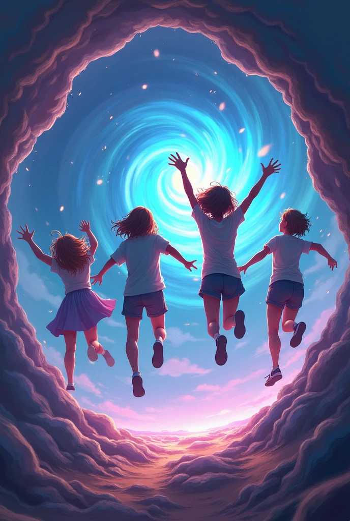 Two  boys and two teenage girls jumping inside of a portal 