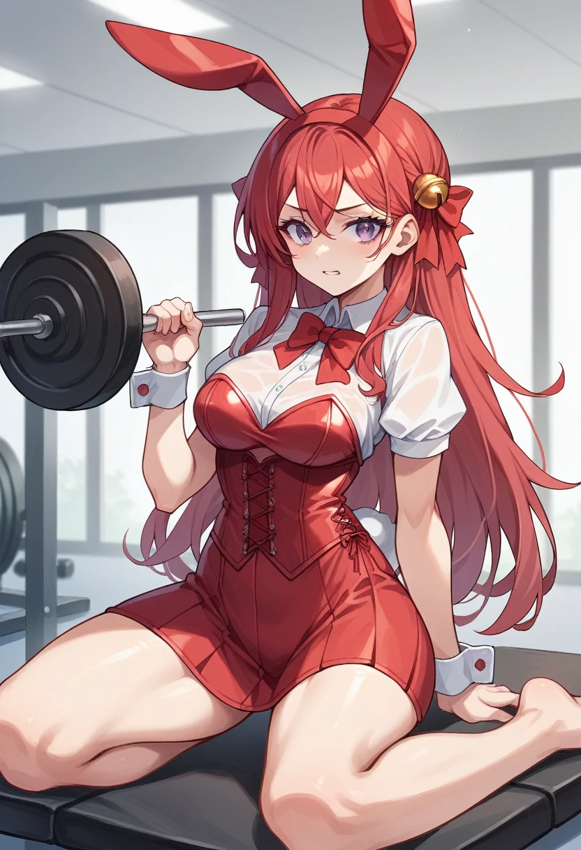 Outrageous, Best Quality, 1girl, solo, red hair, purple eyes, long hair, big, ahBunny, bunny ears, red corset, gakuran, aprons, red neck ribbons, red skirt, hair bow, short sleeves, wrist cuffs, white thighs, jingle bells, naked full body, workout on gym