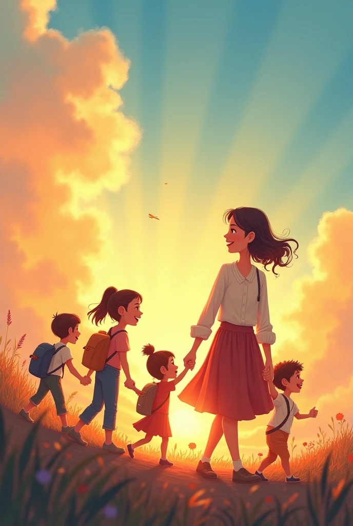 An illustration of a teacher holding hands with several students, everyone walking towards a bright horizon. The background can be a colorful sky, with soft hues of orange and blue, Depicting a sunrise, symbolizing new beginnings.
