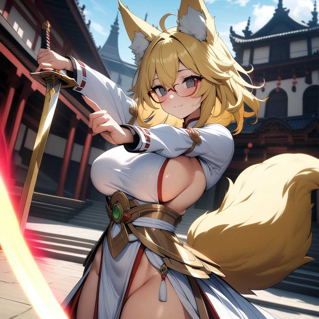 (masterpiece,best quality,very aesthetic),(ultra-detailed),high saturation,nsfw,girl,,solo,curvy,large breasts,thicc,(one fox tail,blonde fox ears,medium hair,low ponytail,blonde hair,messy hair,under-rim glasses),sideboob,long sleeves,empty eyes, gray eyes,(belly chain,fusion of gold trimmed white miko and highleg leotard,luxurious decoration),Expressionless,light smile,Mysterious,outdoors,plaza,dynamic dancing,Dancing on Stage for Japanese Shinto rituals,altar,outdoors,holding Sword with a shiny silver blade,slashing,(A mystical aura rises around girl,A mysterious aura)