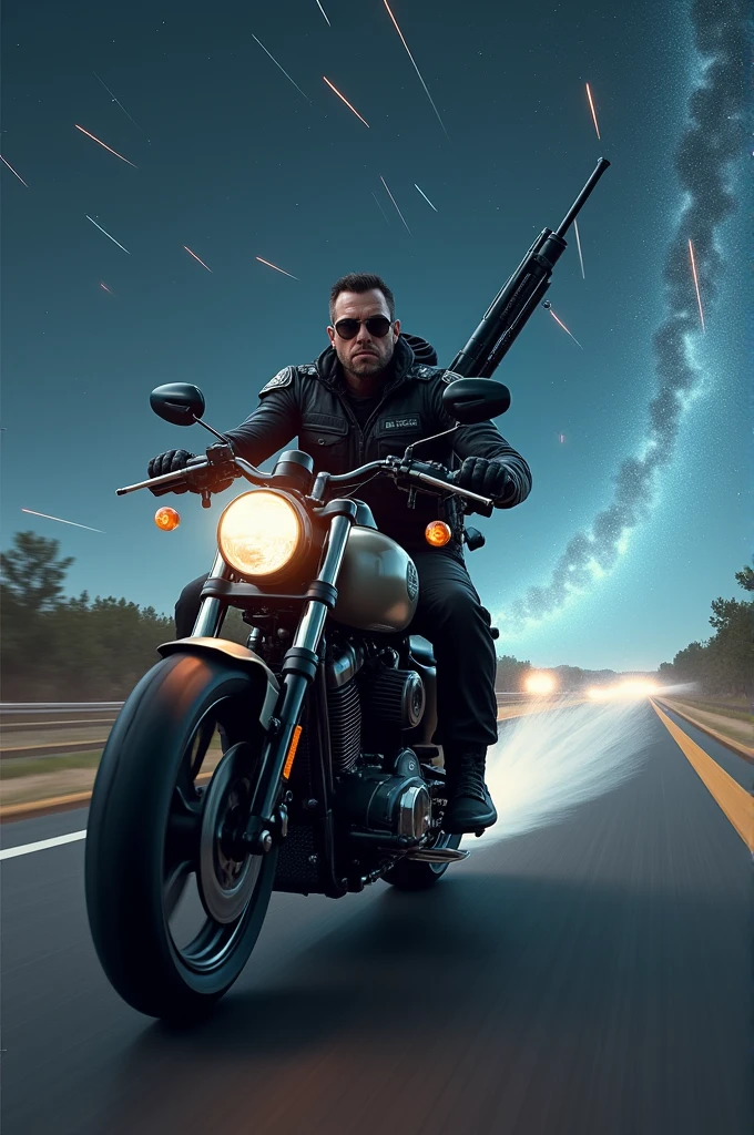 (realisitic) Police officer in a black biker-style uniform, carrying a long gun, riding a high-powered motorcycle, driving on a highway surrounded by a meteor shower