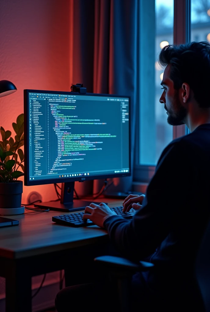 the programmer is in the room, The code is visible on the monitor