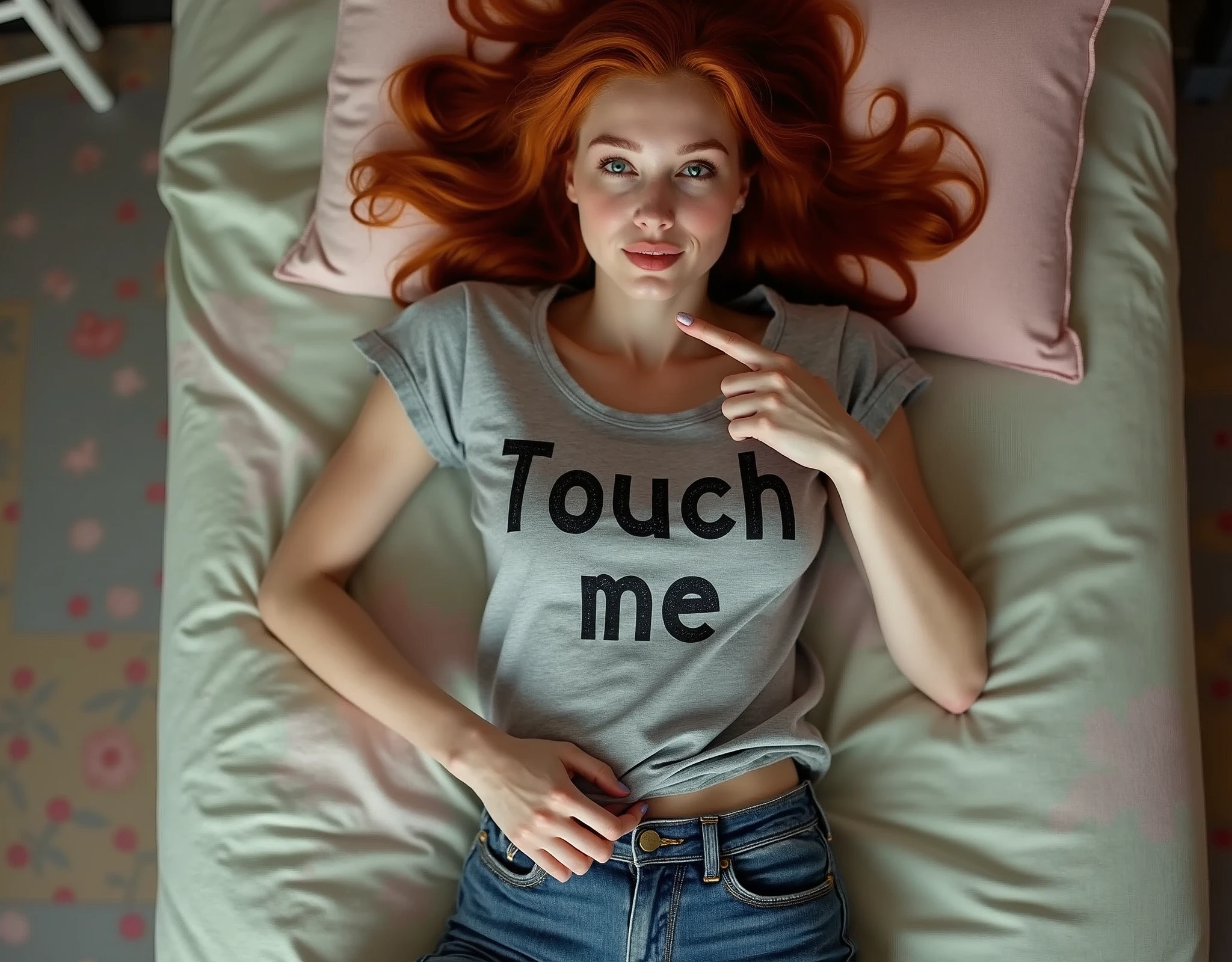a young redhead woman lying on a bed wearing a grey shirt with the words "Touch me". She points with her index finger at her private parts. Full body shot, top view, jeans shorts. Visible bare feet. Colored sheets.