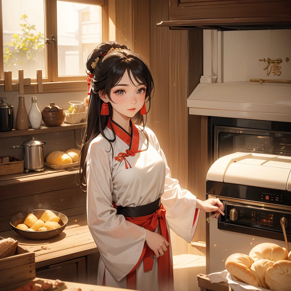 Beautiful girl in ancient Chinese costume Standing in the kitchen Baking bread in front of a large oven in the middle of the day. The sun shines on my face, my eyes sparkle. There is a place for steaming steamed buns nearby.
