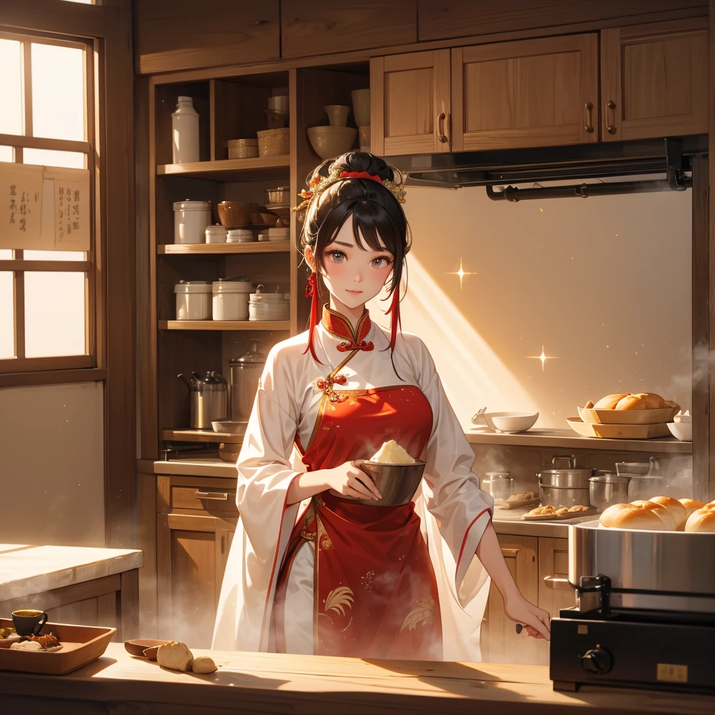 Beautiful girl in ancient Chinese costume Standing in the kitchen Baking bread in front of a large oven  in the middle of the day. The sun shines on my face, my eyes sparkle. There is a place for steaming steamed buns nearby.
