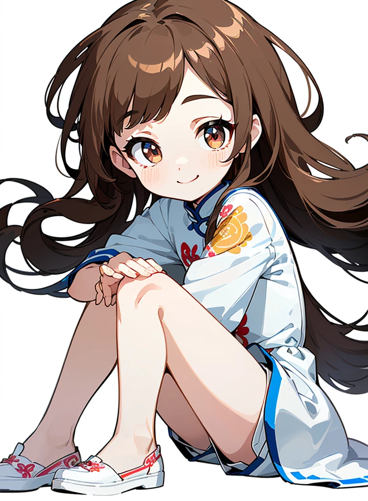 Reference table, Chinese skinny cheongsam,White cheongsam,((White shorts)),(Show your arms) ,(Show your legs)(((Show your feet))0 Matching Clothing, ((best quality)), ((masterpiece)), (Full body),(A woman),Long hair,Ball head,Lots of hair,(((Full front))),((Sitting on the ground with full body))White embroidered shoes,(Hands on both sides of the body), Clear facial features,Smile,Clean lines design,Transparent Background, Clear facial features,beautiful眼睛,beautiful脸庞, beautiful, (((White background))) , ((No light))), Random Hairstyle, Brown hair, random eyes color