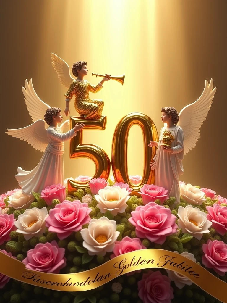 Create a visually stunning and celebratory scene featuring a golden number 50 placed vertically on the left side of the image, lying on a bed of lush bouquets of pink and white flowers. At the top of the number 50, place a majestic angel holding a trumpet, as if heralding a grand announcement. Beside the number 50 on the right, position another angel in a welcoming posture, extending a hand as if inviting others to join the celebration. At the bottom of the image, include an elegant golden ribbon flowing gracefully with the words 'Sacerdotal Golden Jubilee' inscribed in a sophisticated font. Ensure the overall composition exudes a sense of reverence, festivity, and honor.