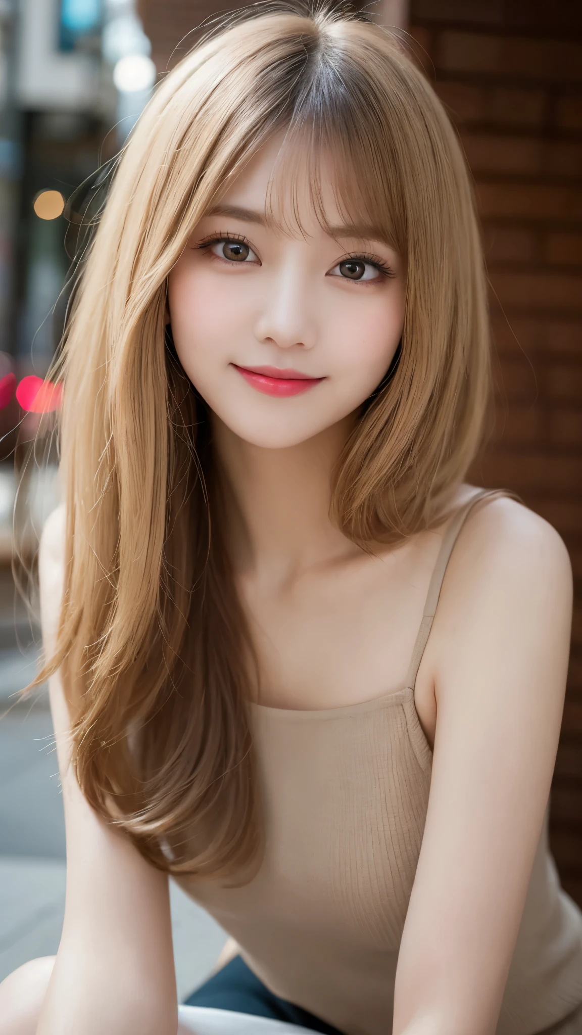 Tabletop, Highest quality, shape, Very detailed, finely, High resolution, 8k wallpaper, Perfect dynamic composition, Beautiful and detailed,Random cute hair,,Natural color lip, Bold sexy pose,smile、20-year-old girl、cute、Looking into the camera,Always blur the background,Perfect and beautiful face,Slim face and figure,Big eyes、Putting on gal makeup,Small face,Shooting from below、smile,Blurred Background,Elegant feminine face、Cyberpunk Fashion、smile、Change pose randomly、Randomly change the shooting angle and position、One person、Real Photo