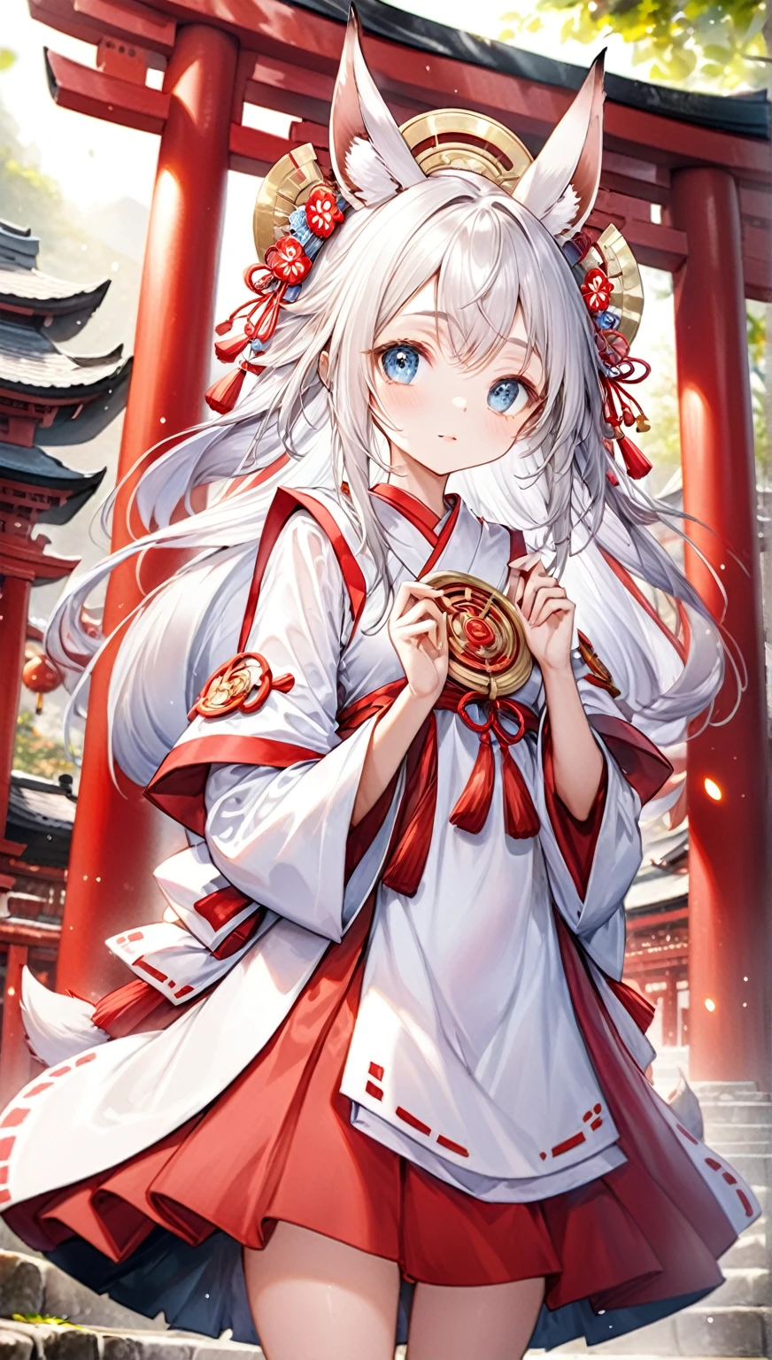 (Highest quality,8k,32K,masterpiece,Ultra-high resolution :1.2 ),born,One girl,Super cute,Natural light,Clear, shining eyes,20-year-old,Fair skin,Temples and shrines electronic world fantasy background,Silver Hair,Fox Ears,Shrine maiden,Shrine Maiden Costume,Fox's Tail,大きな胸