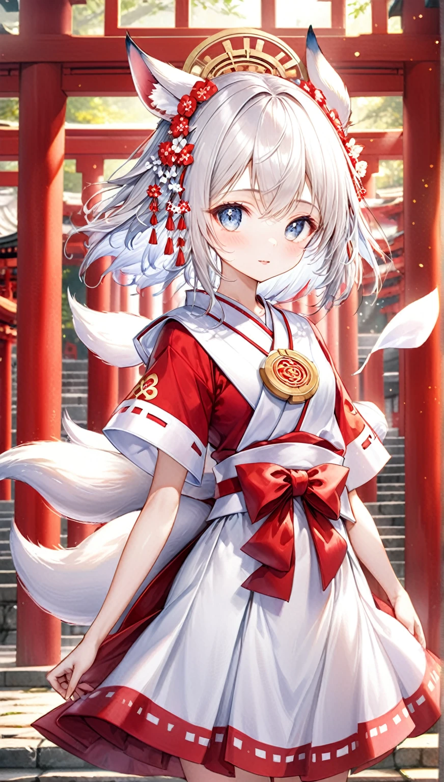 (Highest quality,8k,32K,masterpiece,Ultra-high resolution :1.2 ),born,One girl,Super cute,Natural light,Clear, shining eyes,20-year-old,Fair skin,Temples and shrines electronic world fantasy background,Silver Hair,Fox Ears,Shrine maiden,Shrine Maiden Costume,Fox's Tail,