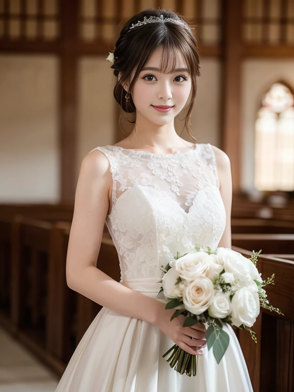Photo-realistic quality、a woman in a Wedding dress holding a bouquet of flowers、Standing in front of the church、20 year old Japanese model、白のWedding dress,Hanae Mori style wedding dress、Japan idols at 20 years old、lace prom dresses、looking at the camera、Detailed and beautiful eyes、Cute smile、Relaxed and gentle expression、a close up of a woman in a Wedding dress holding a bouquet, Wedding dress, So magical and dreamy、Blur the background a lot、300mm F2.Shot with 8 lenses