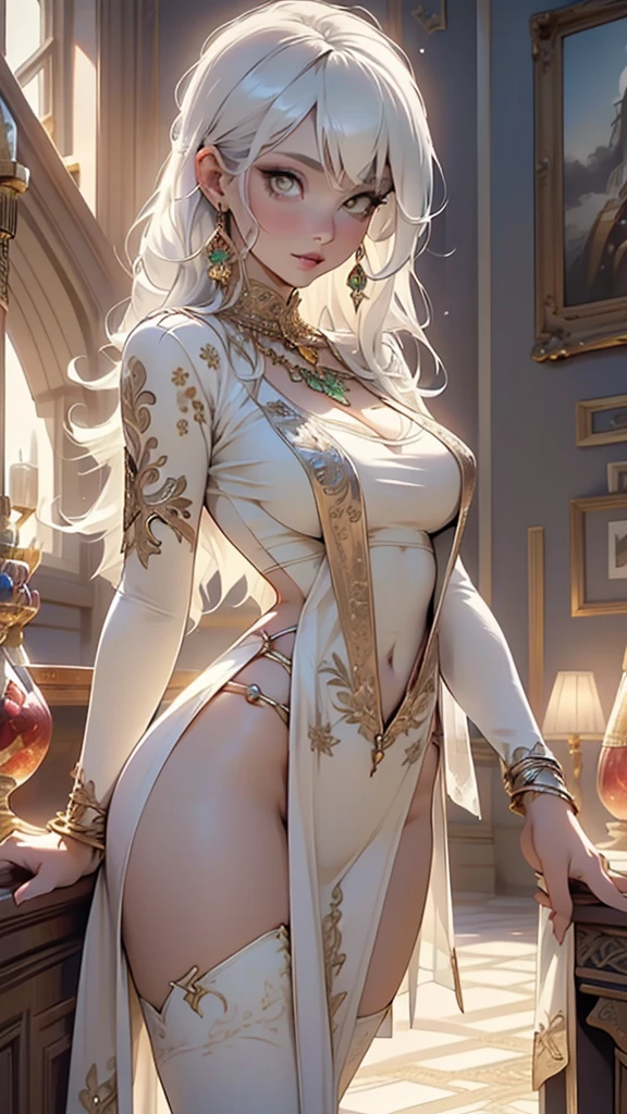 woman,1female,((milf,mom,mature,mature woman,45 years old female,adult)),(large breasts:1.5), natural breasts,(((white hair:1.4,straight hair,long hair:1.4,colored inner hair))),((yellow_eyes:1.3)),intricate eyes,beautiful detailed eyes,symmetrical eyes,((((dark skin:1.4,lustrous skin:1.5,bright skin: 1.5,skin tanned,shiny skin,very shiny skin,shiny body,illuminated skin)))),(spider lower abdomen,narrow waist,wide hip,bimbo body,inflated legs,thick thighs,delicate detailed fingers),(((detailed face))),

cute,slutty,sensual,seductive look,seductive,((erotic)),opulent,sumptuous,longingly,((nsfw)),

queen,goddess,fantasy,(((ice jewelry,intricate necklace,christmas jewelry,detailed outfit))),cleavage,silver silk,((eyeshadow,elegant makeup,eyelid makeup,gold lips,gold lipstick)),zettai ryouiki,revealing clothing,show skin,cleavage,((underboob)),((arabian dress, arabian princess,arabian beauty,beautiful alluring,beautiful genie girl)),((intricate genie outfit)),arabian accessories,(arabian jewelry in her arms),earrings,(((pelvis curtain))),(loincloth),(((red dress))),((Transparent sheer see-through cloth:1.1)),(((intricate outfit,intricate clothes,embroidered outfit,ornate outfit,embroidered clothes,ornate clothes))),

(dynamic pose:1.0),embarrassed,(centered,scale to fit dimensions,Rule of thirds),
inside,indoor,((palace in Arabia, palace in Arabia background)),scenery:1.25,((intricate scenery)),
highres,sharp focus,(ultra detailed,extremely detailed),(photorealistic artwork:1.37),(extremely detailed CG unity 8k wallpaper),(((vibrant colors,vibrant theme))),(intricate),(masterpiece),(best quality),artistic photography,(photography taken by sldr),(intricate background),perfect rendered face,perfect face details,realistic face,photo realistic,((intricate detail)),(((realism))),
