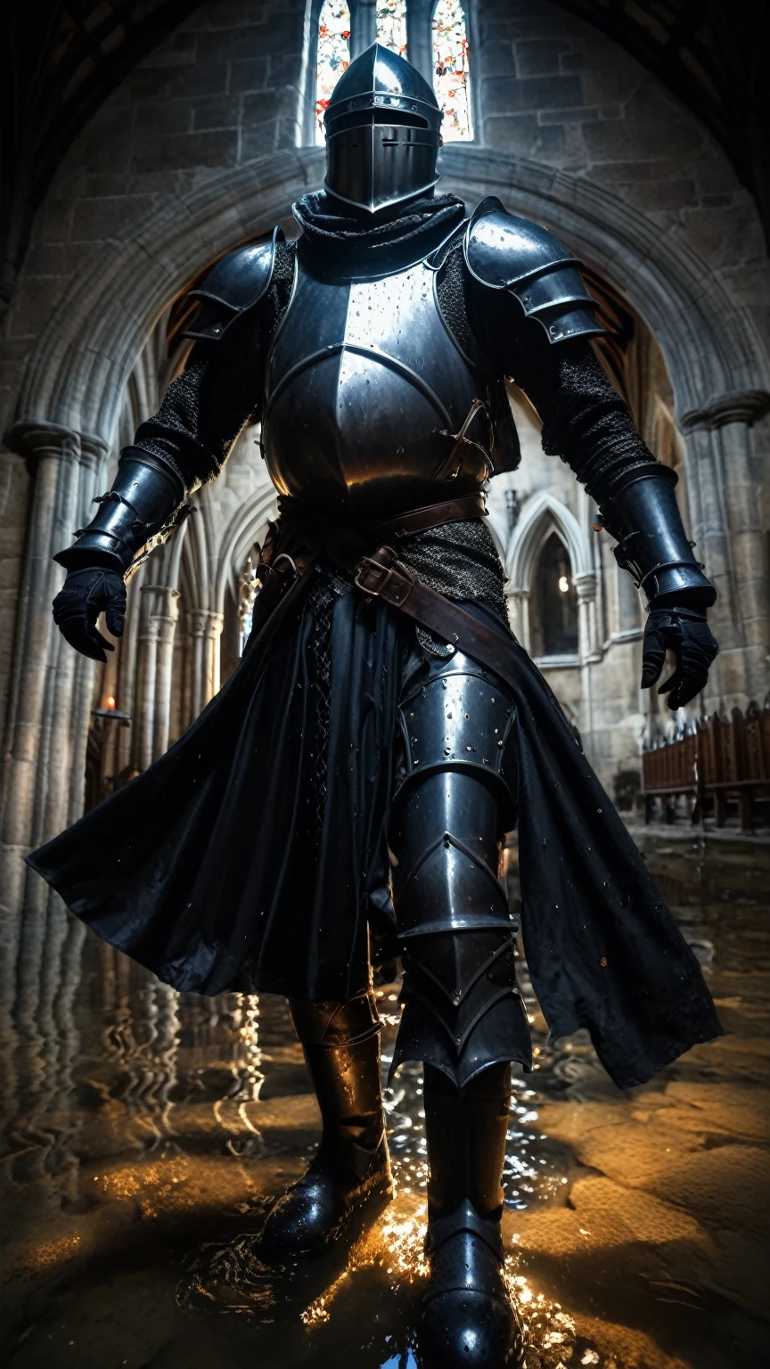 fisheye lens, portrait photo of medieval knight standing inside a gothic church, wet stone, puddles, infinite vaults, bloodborne, dramatic light, low key, candle light