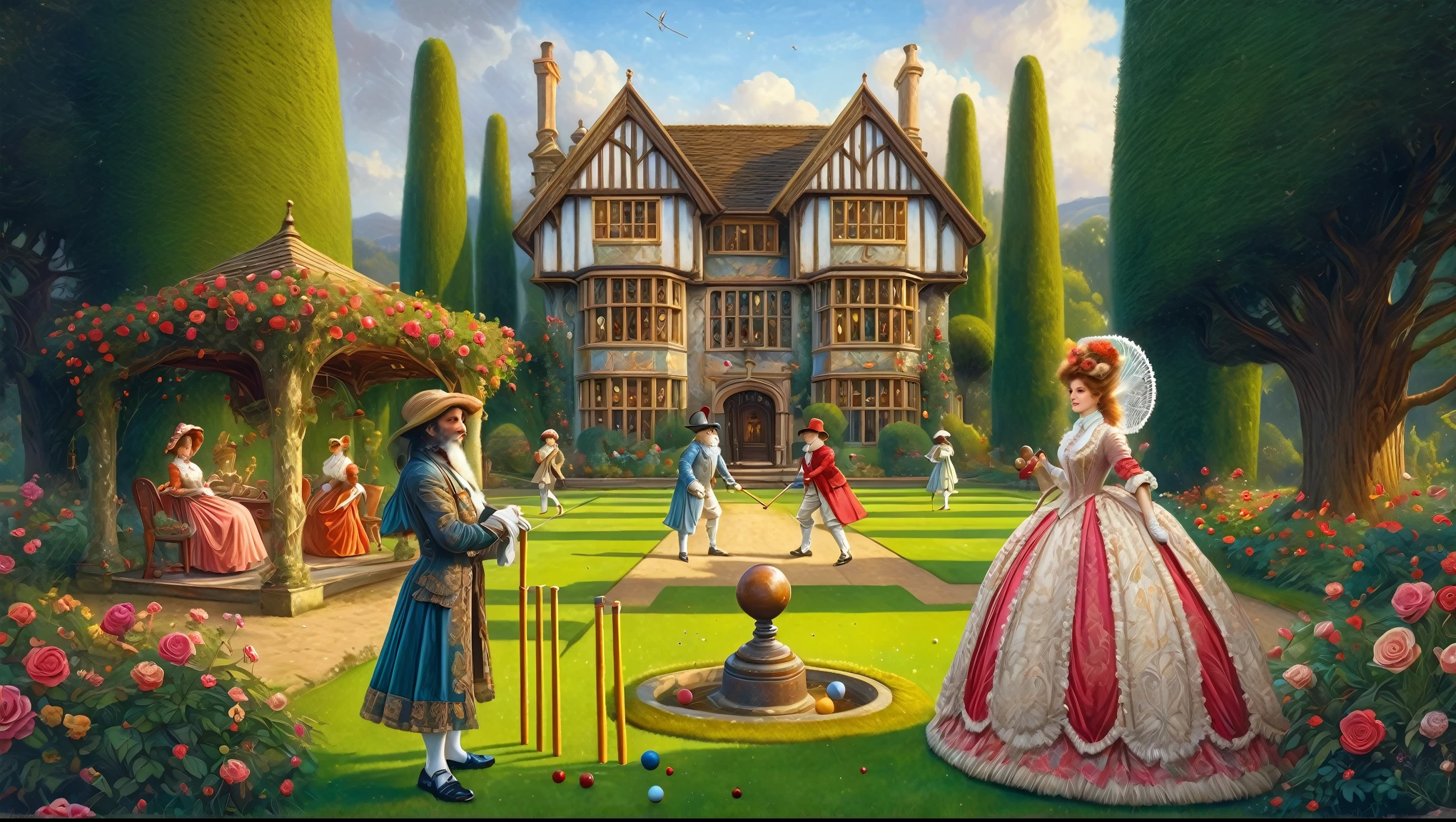 painting of a couple playing croquet in a garden, michael cheval (unreal engine, fantasy victorian art, thomas kincade, inspired by Lorenzo Lotto, illustrative art, beautiful render of a fairytale, by Alexander Kucharsky, a beautiful artwork illustration, ( thomas kincade ), inspired by Richard Dadd, detailed game art illustration, intricate fantasy, victorian england style