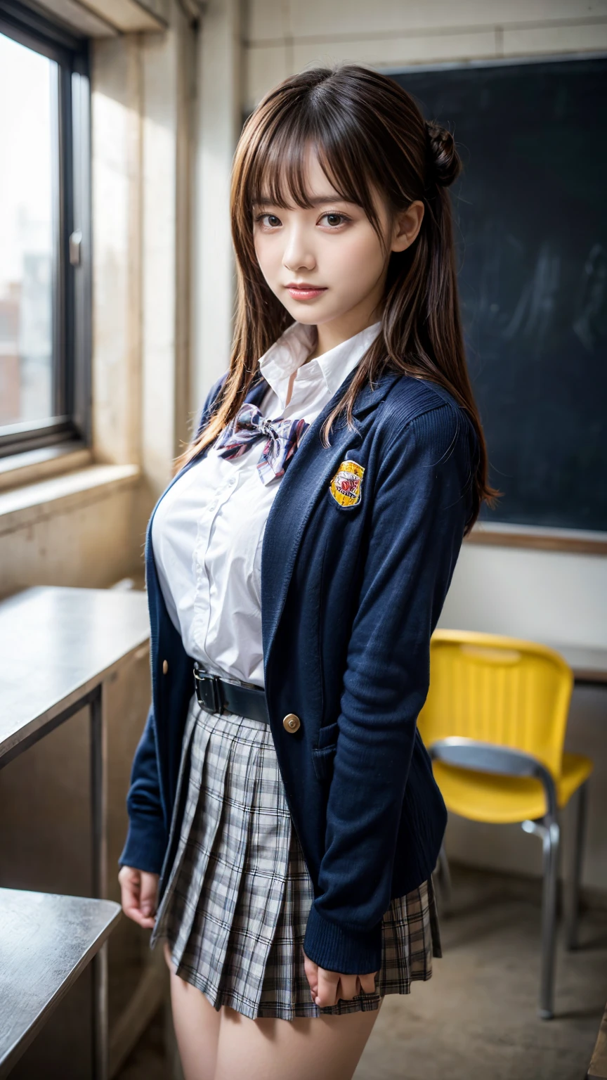 masterpiece, best quality, illustration, Super detailed, fine details, High resolution, 8K,wall paper, perfect dynamic composition,(Details High quality, realistic depiction of eyes:1.3), from side, High School Classroom、High school girl uniform、blazer 、Super Short Check Uniform Skirt、Navy blue high socks、garterbelts、plump breasts, Disturbed uniform, (updo:1.2), black hair color, large breasts, Big Natural Color Lip, bold sexy pose, (perfect body shape), crying a little、20 year old girl、cute type, beautiful legs, hposing Gravure Idol, Voluptuous thighs
