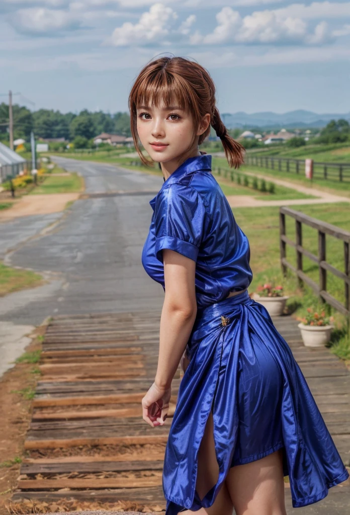 kasumi, eyes browns, (best qualityer, ultra detail), (realisitic:1.37), beautiful and detailed face, ultra-realisitic texture, Exquisite face, Delicate body, red lipgloss stick, shiny colors. High definition, 8k, expression a slight cute smile
