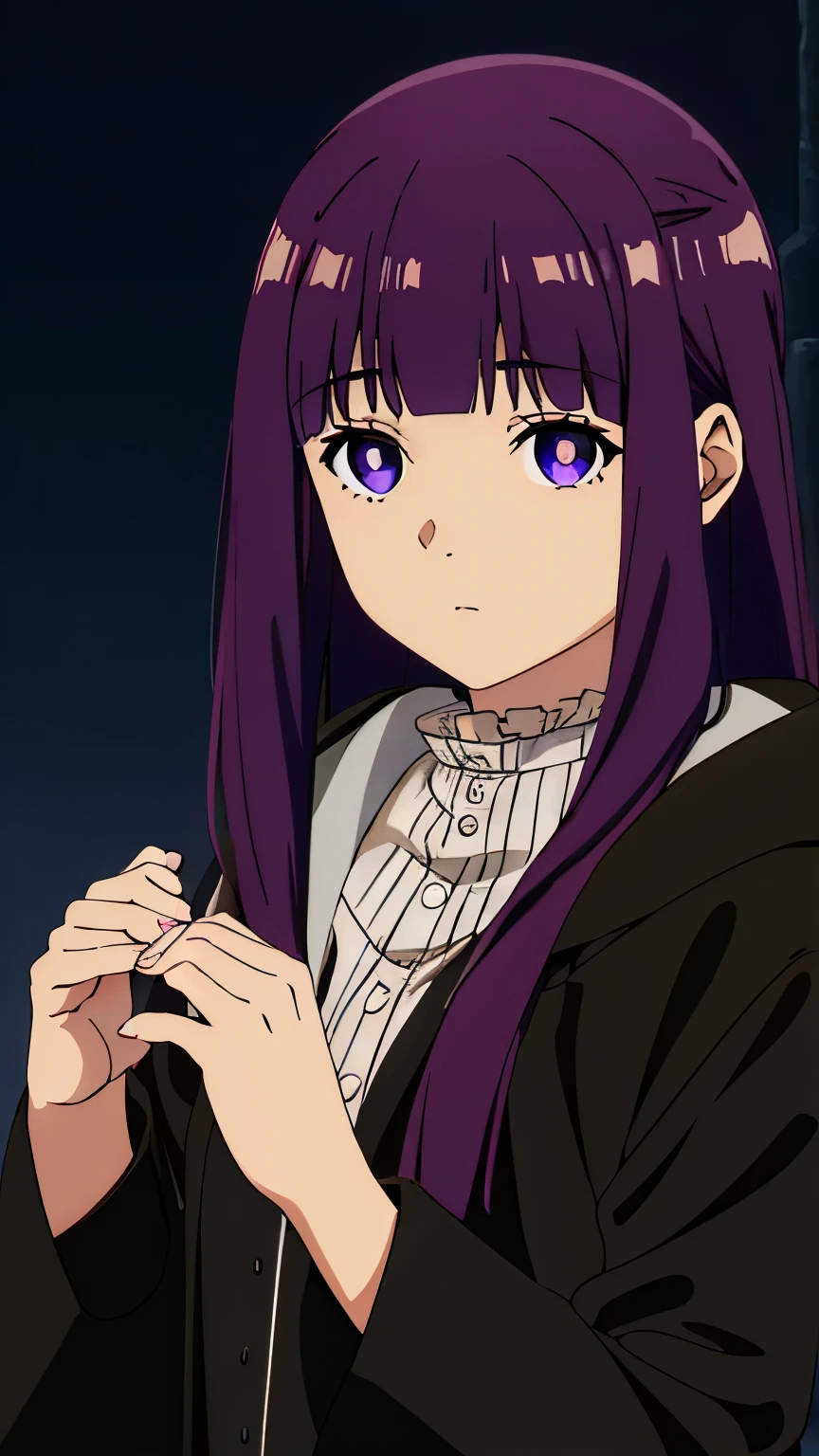(masterpiece, best quality, high resolution, 8k:1.2), Anime Coloring, ((ultra-detailed)), beautiful detailed eyes, extremely detailed face, perfect lighting, extremely detailed CG, perfect hands, perfect anatomy, perfect body, perfect hands, perfect fingers highres, cinematic lighting, atmospheric lighting, solo, (fern_sousounofrieren:1.5), 1girl, (Light purple hair:0.8), purple pupils, (black hooded coat,frilled shirt collar,long sleeves, closed mouth, expressionless), looking at viewer, Cowboy shot,