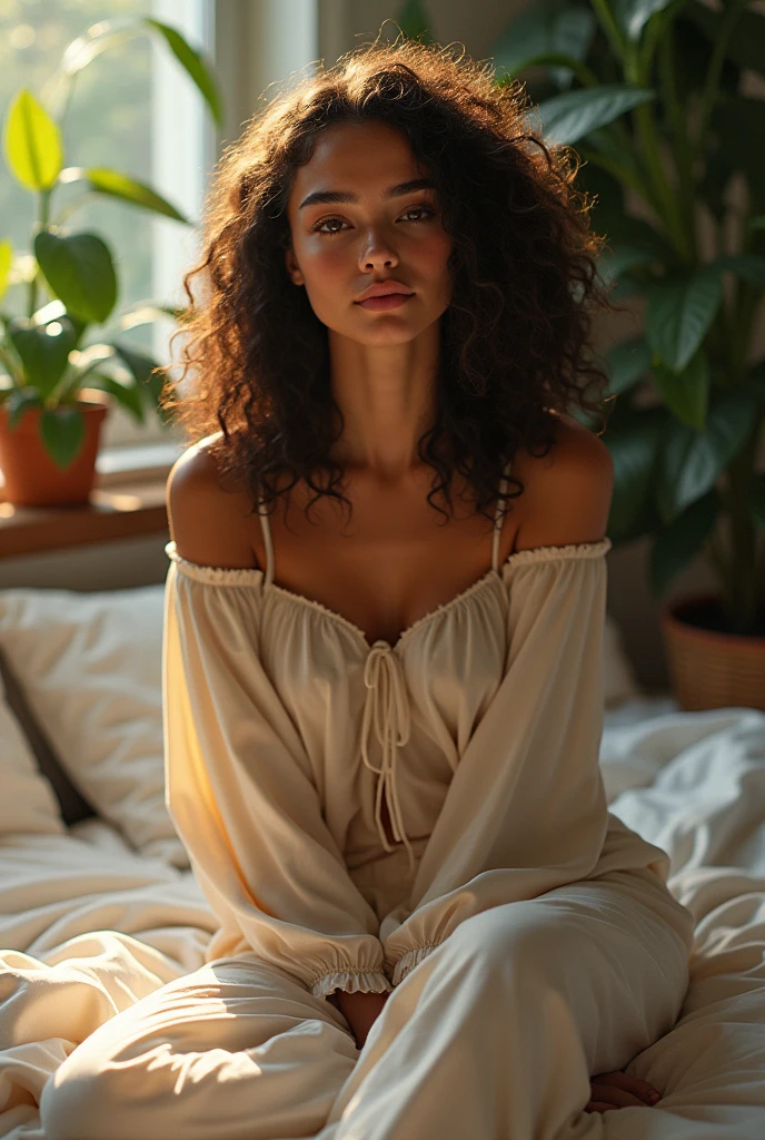 (photorealism:1.2), beautiful woman, sitting on bed, wearing loose off-shoulder top, pajama pants, long curly hair, indoors, soft lighting, plants in background, window with sunlight, cozy room, relaxed pose, realistic, intricate details, warm colors, by Greg Rutkowski, by Alphonse Mucha
