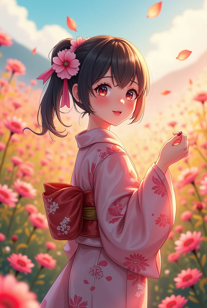 A girl walking through a vibrant flower field, wearing a detailed kimono, beautiful eyes and lips, smiling in a serene anime landscape, (best quality,4k,8k,highres,masterpiece:1.2),ultra-detailed,(realistic,photorealistic,photo-realistic:1.37),intricate details,enchanting colors,soft lighting,highly detailed,delicate petals,lush vegetation,tranquil atmosphere, smile ☺, Playing around, cute detailed digital art