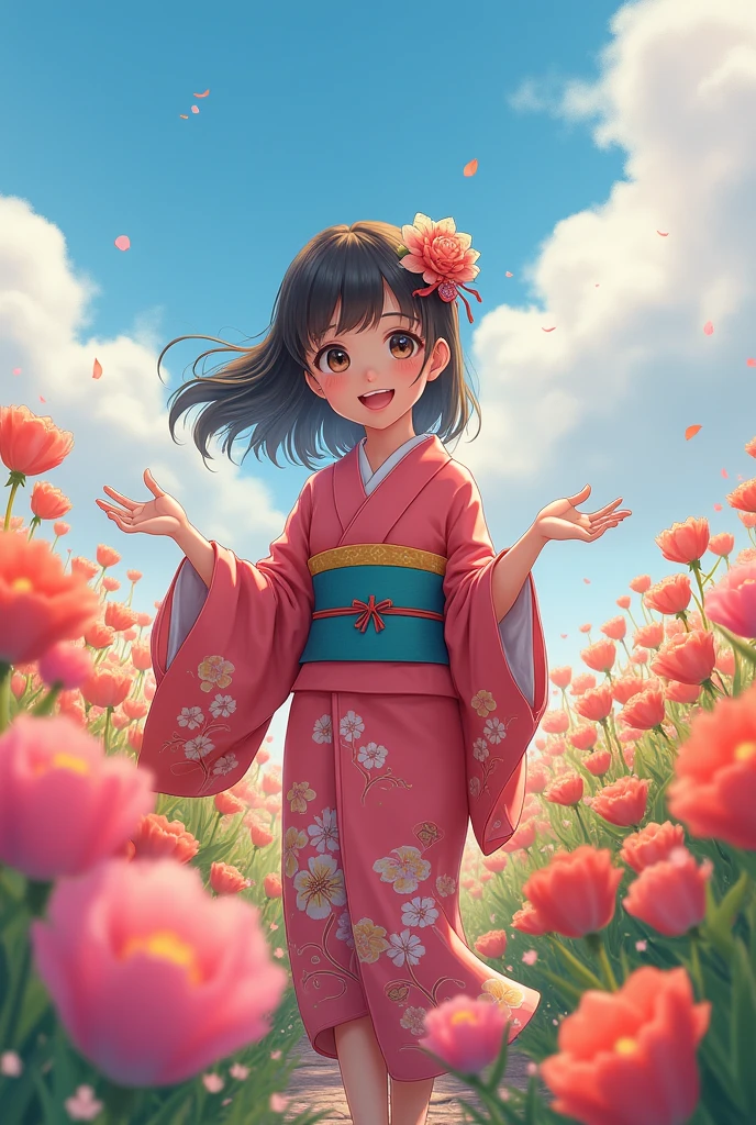 A girl walking through a vibrant flower field, wearing a detailed kimono, beautiful eyes and lips, smiling in a serene anime landscape, (best quality,4k,8k,highres,masterpiece:1.2),ultra-detailed,(realistic,photorealistic,photo-realistic:1.37),intricate details,enchanting colors,soft lighting,highly detailed,delicate petals,lush vegetation,tranquil atmosphere, smile ☺, Playing around, cute detailed digital art 