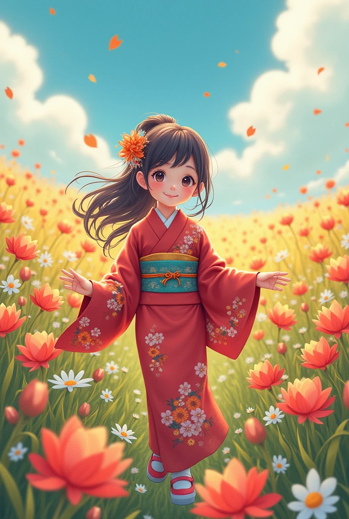 A girl walking through a vibrant flower field, wearing a detailed kimono, beautiful eyes and lips, smiling in a serene anime landscape, (best quality,4k,8k,highres,masterpiece:1.2),ultra-detailed,(realistic,photorealistic,photo-realistic:1.37),intricate details,enchanting colors,soft lighting,highly detailed,delicate petals,lush vegetation,tranquil atmosphere, smile ☺, Playing around, cute detailed digital art