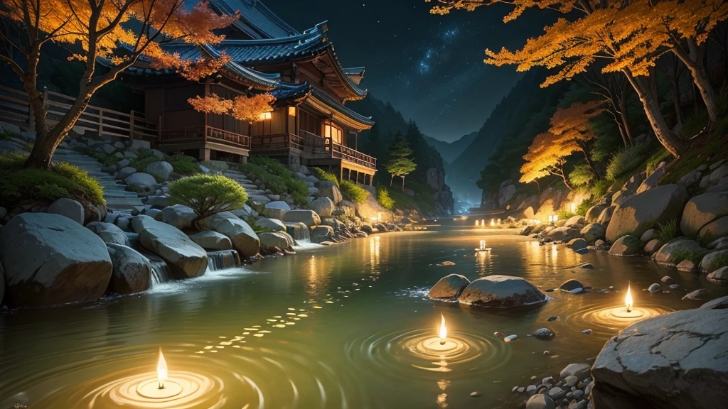 break, calm, recuperation, Heles, Scenery of Korea, night scene, A small stream flowing on the edge, candles, Scales floating in the air