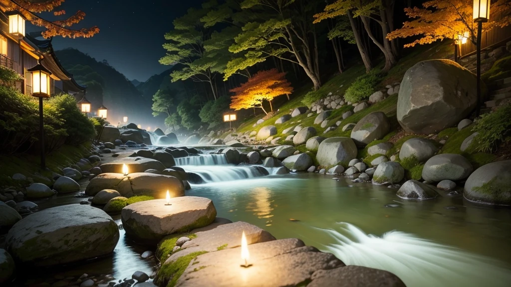 break, calm, recuperation, Heles, Scenery of Korea, night scene, A small stream flowing on the edge, candles, Scales floating in the air