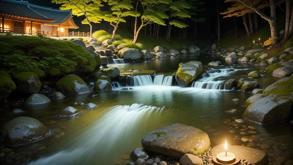break, calm, recuperation, Heles, Scenery of Korea, night scene, A small stream flowing on the edge, candles, Scales floating in the air