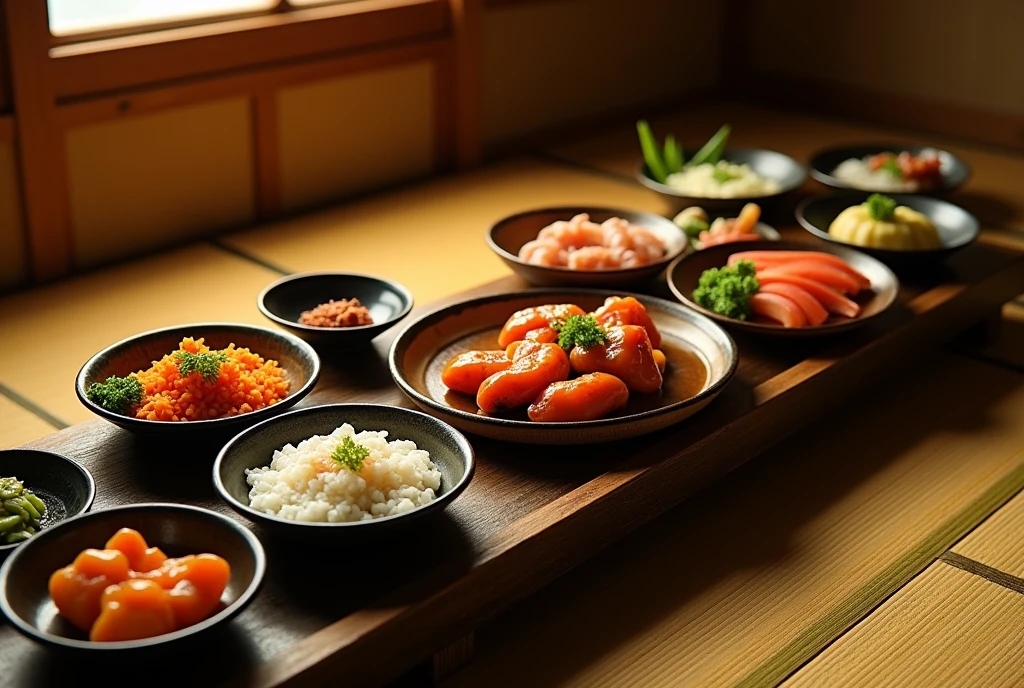 explanation: Traditional tatami room、Strange and unidentifiable dishes are lined up on a low table.。
Light conditions: Candlelight、Casting long, dancing shadows。
Camera angle: Shot from above、Looking down at the table。
detailed: The food has a strange color、Unappetizing appearance。