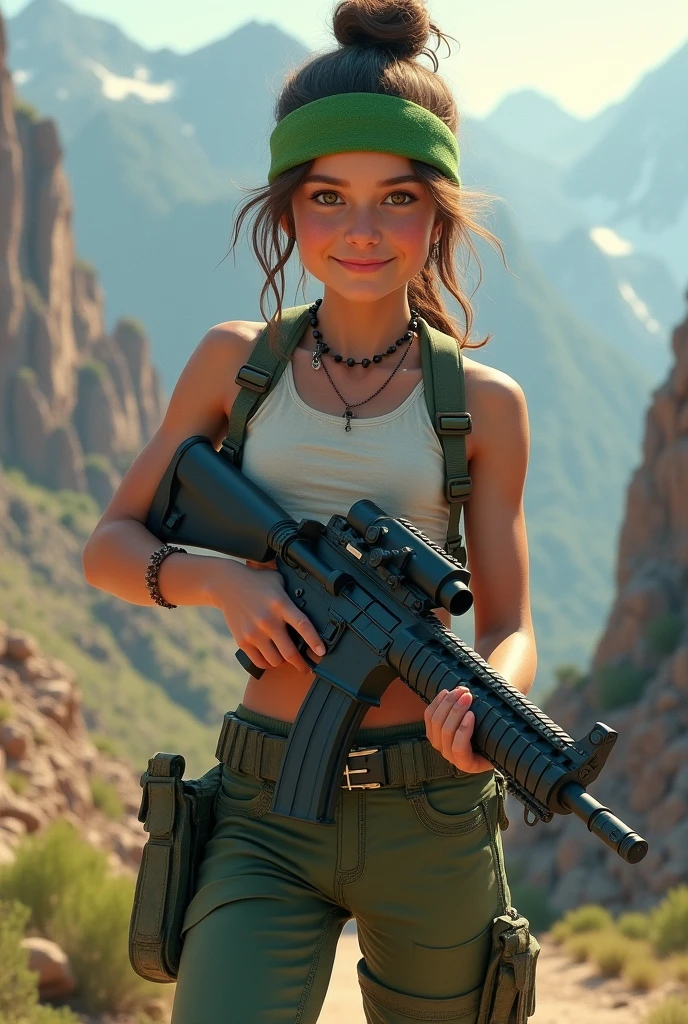a smiling girl with a green headband, white tank top, midriff, green pants, combat boots, holding an assault rifle with both hands, looking at viewer, rock formations, mountains, (best quality,8k,highres,masterpiece:1.2),ultra-detailed,(realistic,photorealistic,photo-realistic:1.37),vibrant colors,cinematic lighting