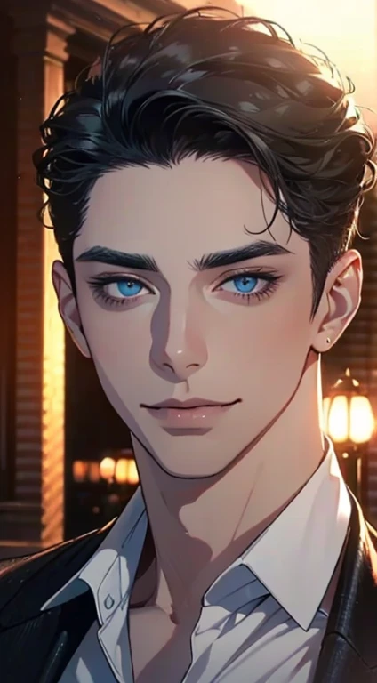 a mature man with short grey Black hair, blue eyes, 31 years, and a perfect face, smiling in love, CEO, cinematic lighting, 1:4 HDR image, top view, ultra detailed, best quality, masterpiece, 8K, photorealistic, beautiful image