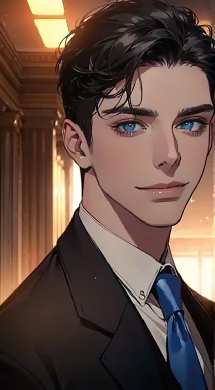 a mature man with short grey Black hair, blue eyes, 31 years, and a perfect face, smiling in love, CEO, cinematic lighting, 1:4 HDR image, top view, ultra detailed, best quality, masterpiece, 8K, photorealistic, beautiful image