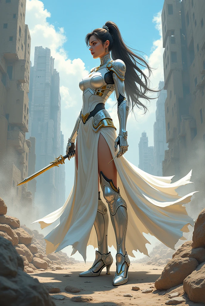 woman strong, White cybernetic armor, long skirt and silver shoes. Daggers with bright intense golden boots. Anime
Destruction Scenario 