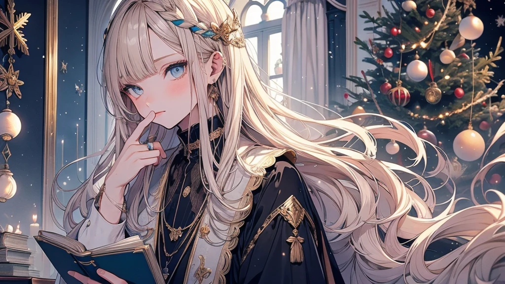 Men with feminine features, long, straight blonde hair, Sharp blue eyes and a calm and intelligent expression, finger to lips gesture to indicate silence, have a decorative old book, Sleek white and brown designed outfit with multiple buttons and gold accessories, Accented with black ribbon, Turquoise hair streaks down my back, Softly lit window and blurred Christmas tree background, warm indoor atmosphere.high quality, Draw Amount, Pixiv illustration