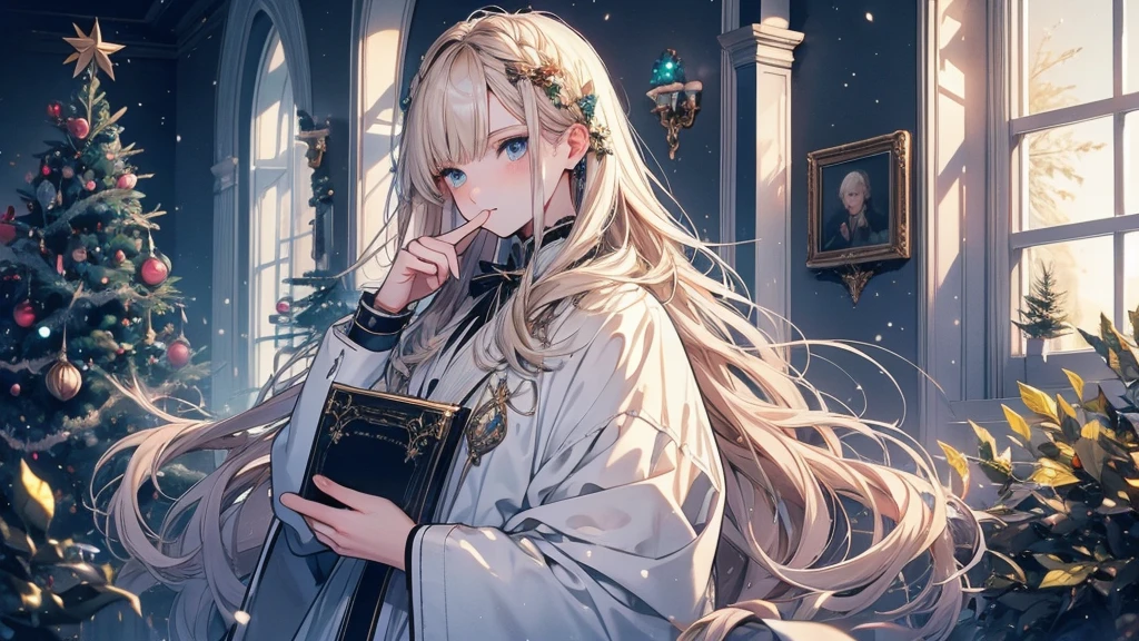 Men with feminine features, long, straight blonde hair, Sharp blue eyes and a calm and intelligent expression, finger to lips gesture to indicate silence, have a decorative old book, Sleek white and brown designed outfit with multiple buttons and gold accessories, Accented with black ribbon, Turquoise hair streaks down my back, Softly lit window and blurred Christmas tree background, warm indoor atmosphere.high quality, Draw Amount, Pixiv illustration