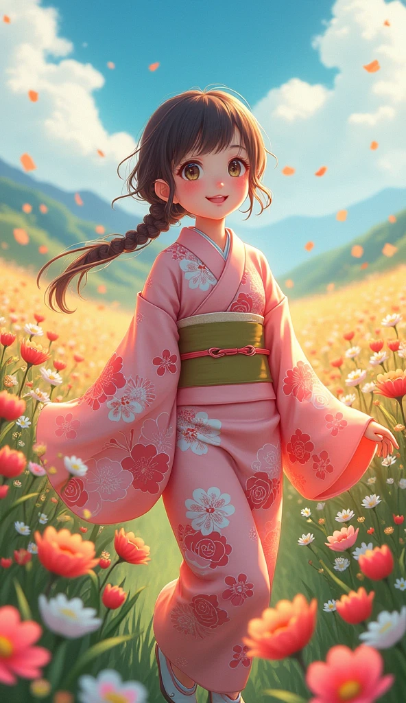 A girl walking through a vibrant flower field, wearing a detailed kimono, beautiful eyes and lips, smiling in a serene anime landscape, (best quality,4k,8k,highres,masterpiece:1.2),ultra-detailed,(realistic,photorealistic,photo-realistic:1.37),intricate details,enchanting colors,soft lighting,highly detailed,delicate petals,lush vegetation,tranquil atmosphere, smile ☺, Playing around, cute detailed digital art 