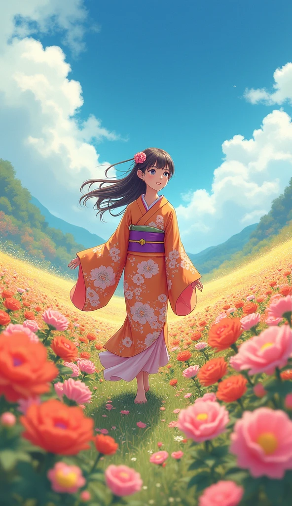 A girl walking through a vibrant flower field, wearing a detailed kimono, beautiful eyes and lips, smiling in a serene anime landscape, (best quality,4k,8k,highres,masterpiece:1.2),ultra-detailed,(realistic,photorealistic,photo-realistic:1.37),intricate details,enchanting colors,soft lighting,highly detailed,delicate petals,lush vegetation,tranquil atmosphere, smile ☺, Playing around, cute detailed digital art